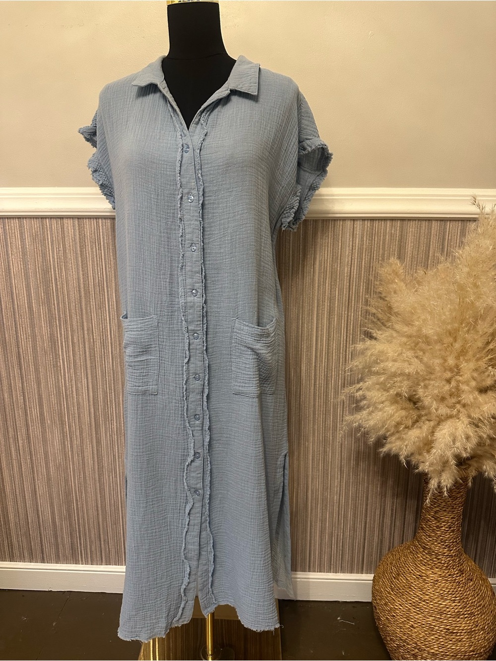 Umgee Blue Cotton Gauze Button Front Midi Dress Frayed Trim Pockets Small